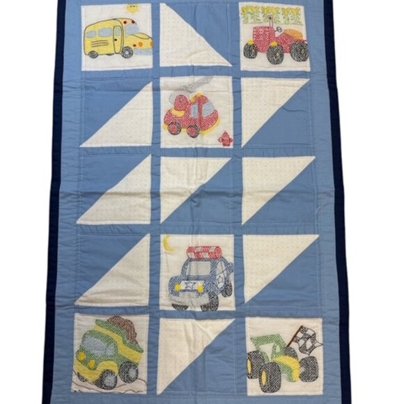 Homemade Embroidered Cross Stitch Baby Boy Blanket Police Fire Dump Truck 39"x26 - Picture 1 of 10